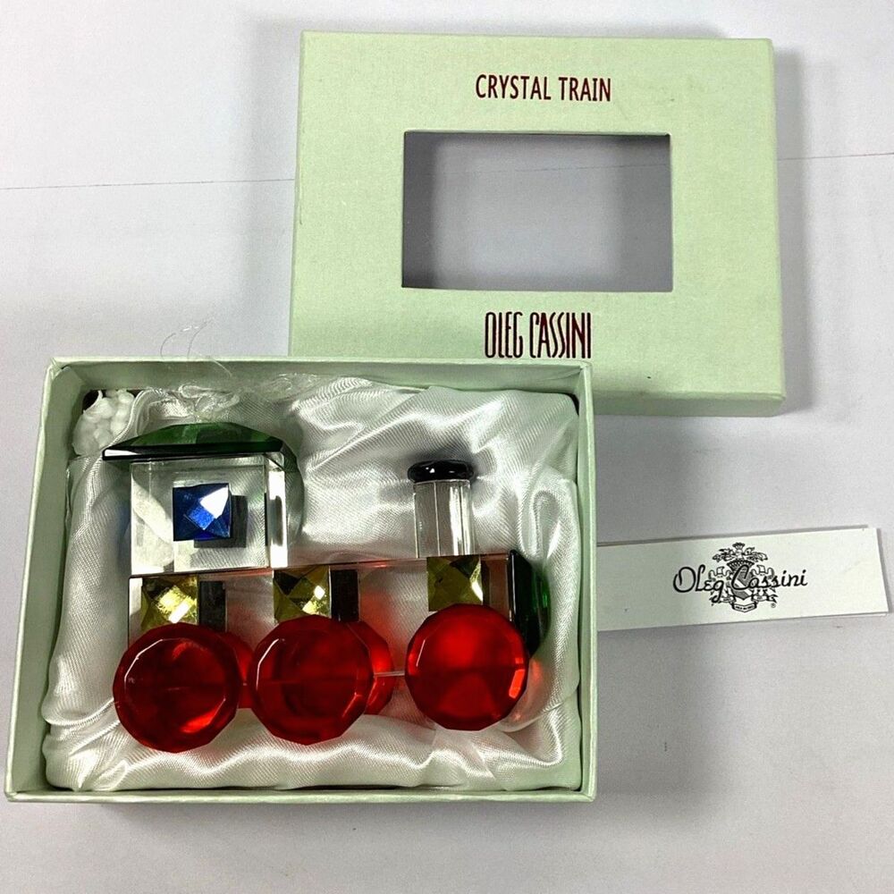 Signed Oleg Cassini Crystal Train Locomotive Figure Paperweight Etch Multicolor